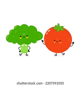 Cute happy broccoli and tomato card. Vector hand drawn doodle style cartoon character illustration icon design. Happy cute broccoli and tomato friends concept card
