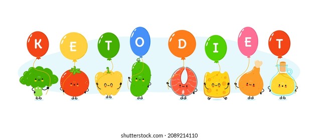 Cute happy broccoli, tomato, pepper, red fish, cheese, chicken leg, olive oil hold air balloons with keto diet sign.
Vector hand drawn doodle style. Card with keto diet sign
