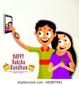 Cute Happy Brother and Sister taking selfie after celebrating Raksha Bandhan Festival, Elegant Greeting Card design for Indian Festival celebration.