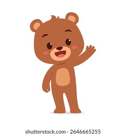 Cute happy brown bear waving a hand and smiling on white background vector illustration
