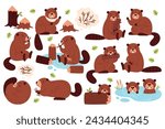 Cute happy brown beaver wild animals cartoon characters in various poses enjoying different leisure activities building house or dam from woods vector illustration isolated set on white background