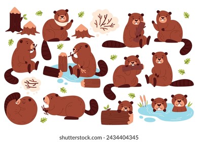 Cute happy brown beaver wild animals cartoon characters in various poses enjoying different leisure activities building house or dam from woods vector illustration isolated set on white background