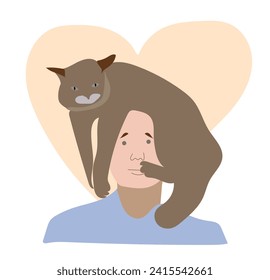 Cute happy brown cat lying on owners head. Smiling man holding cute adorable kitty. Male owner and feline pet friendly relationship. Flat graphic illustration isolated on white background. Friendship.