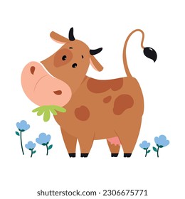 Cute happy brown cow grazing in meadow and eating grass. Lovely farm animal character cartoon vector illustration