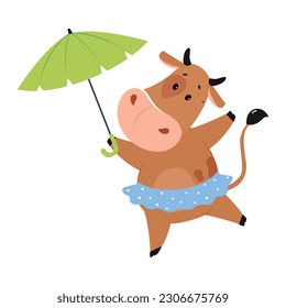 Cute happy brown cow in short skirt walking with umbrella. Lovely farm animal character cartoon vector illustration