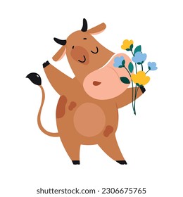 Cute happy brown cow smelling bouquet of flowers. Lovely farm animal character cartoon vector illustration