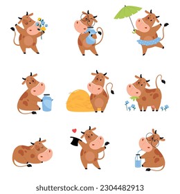 Cute happy brown cow in various activities set. Lovely farm animal character smelling bouquet of flowers, walking with umbrella and grazing in meadow cartoon vector illustration