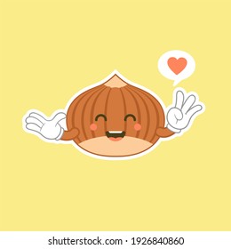 Cute happy brown hazelnut character. Cute happy hazelnut character flat design. Funny nut emoticon in flat style. Brown hazelnut emoji vector illustration. Healthy vegetarian food