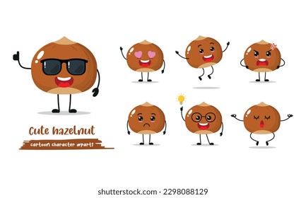 Cute happy brown hazelnut different emotion activity. Funny hazelnut fruit  in flat style. Peach vector emoji cartoon illustration.