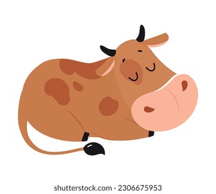 Cute happy brown sleeping cow. Lovely farm animal character cartoon vector illustration