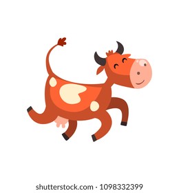 Cute happy brown spotted cow jumping, funny farm animal cartoon character vector Illustration on a white background