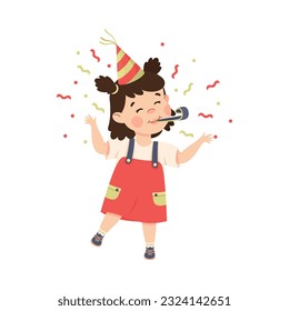 Cute happy brunette girl celebrating birthday with party hat and whistle cartoon vector illustration