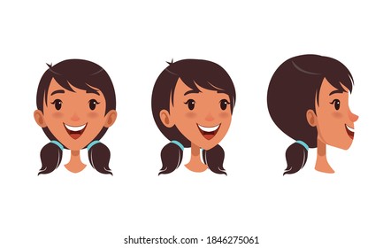 Cute Happy Brunette Girl Set, Different View of Girl Face, Front, Profile Side and Three Quarter View Cartoon Style Vector Illustration
