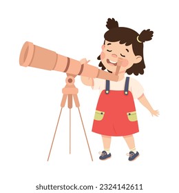 Cute happy brunette little girl looking through telescope at stars cartoon vector illustration