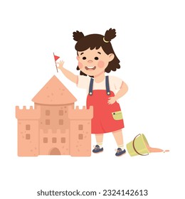 Cute happy brunette little girl building sandcastle. Child in everyday activities cartoon vector illustration