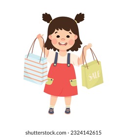 Cute happy brunette little girl carrying shopping bags cartoon vector illustration