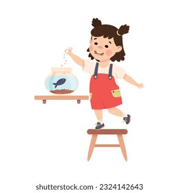 Cute happy brunette little girl feeding her pet fish in fish bowl cartoon vector illustration