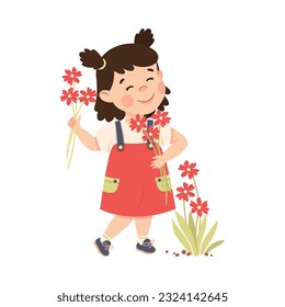 Cute happy brunette little girl picking red flowers cartoon vector illustration