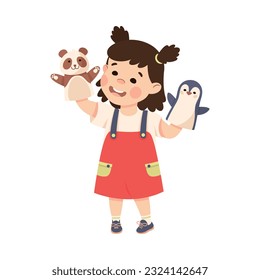 Cute happy brunette little girl playing with panda bear and penguin hand puppets cartoon vector illustration