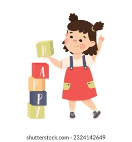 Cute happy brunette little girl playing wooden alphabet toy blocks cartoon vector illustration