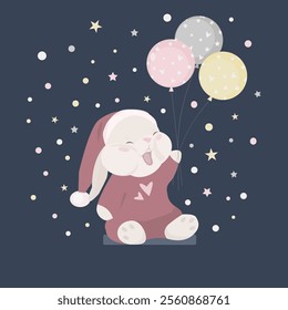 Cute happy bunny with balloons. Joyful festive mood. 