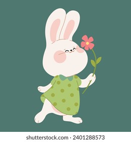 A cute happy bunny girl holds and smells a flower. Flat cartoon rabbit character for a Happy Valentine's Day, Easter, or Birthday greeting card, invitation, sticker, or banner. Vector illustration.