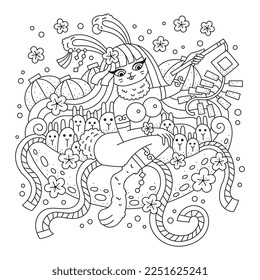 Cute happy bunny girl sitting on the moon. Paper lantern. hare, moon, flowers. Asian style. Chinese new year. Coloring page for adults. Cartoon vector illustration. Isolated on white. Outlined artwork