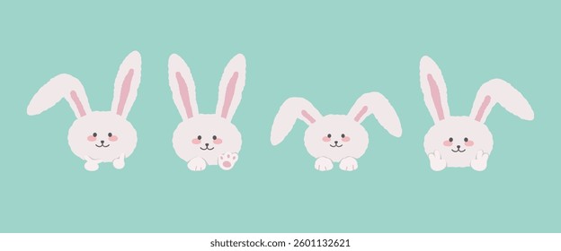 Cute Happy Bunny Head Emoji Sticker Pack Set Flat Vector illustration