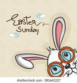 Cute happy Bunny wearing spectacles on floral eggs decorated background for Easter Sunday celebration.