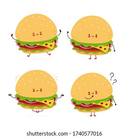 Cute happy burger character set collection. Isolated on white background. Vector cartoon character illustration