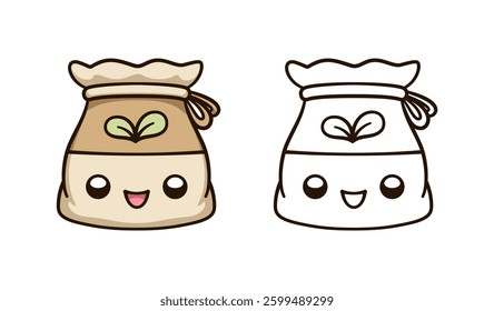 Cute happy burlap sack bag of seeds kawaii cartoon illustration. Gardening farming agriculture coloring book page activity worksheet for kids