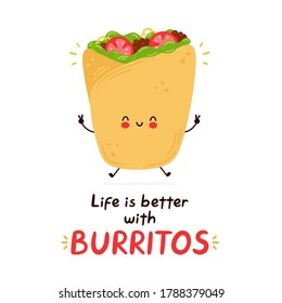 Un burrito alegre y bonito. La vida es mejor con la tarjeta burritos. Aislado sobre fondo blanco. Ilustración de estilo dibujada a mano por personajes de dibujos animados