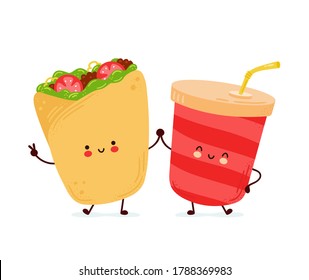 Cute happy burrito and soda water. Isolated on white background. Vector cartoon character hand drawn style illustration