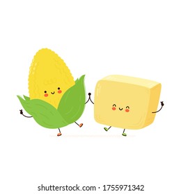Cute happy butter and corn character. Isolated on white background. Vector cartoon character hand drawn style illustration