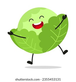 Cute happy cabbage character. Funny victory jump celebration vegetable cartoon emoticon in flat style. garbage vector illustration