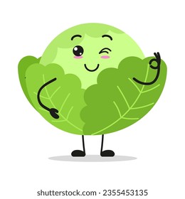 Cute happy cabbage character. Funny smiling and wink vegetable cartoon emoticon in flat style. garbage vector illustration