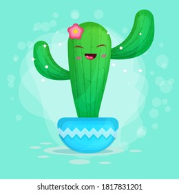 Cute happy cactus cartoon illustration premium vector