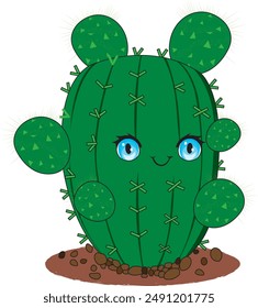 Cute happy cactus plant in desert