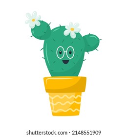 Cute happy cactus in pot, succulent with glasses. A houseplant wth flowers. Adorable botanical character. Vector illustration in a flat cartoon style isolated on a white background