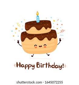 Cute happy cake with one candle. Happy birthday hand drawn style card.Vector flat cartoon character illustration icon design.Isolated on white background. Happy birthday cake card concept