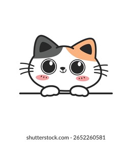 Cute happy calico cat with big eye cartoon hand-drawn style peeking, Kawaii smiling cat doodle
