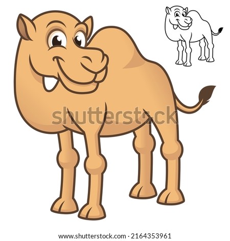 Cute Happy Camel Standing with Black and White Line Art Drawing, Mammals, Vector Character Illustration, Outline Cartoon Mascot Logo in Isolated White Background.