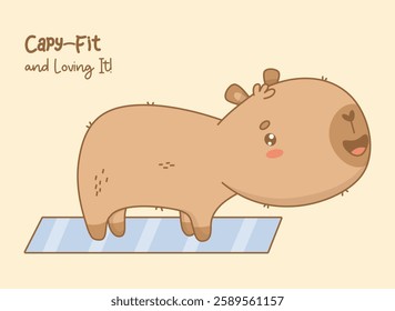 Cute Happy Capybara After Fitness Standing on Yoga Mat. Funny Cartoon kawaii Animal sportsman with motivational quote. Vector illustration