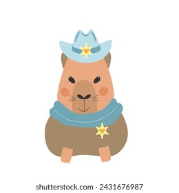 Cute happy capybara boy with sheriff badge and cowboy hat. Vector illustration. 