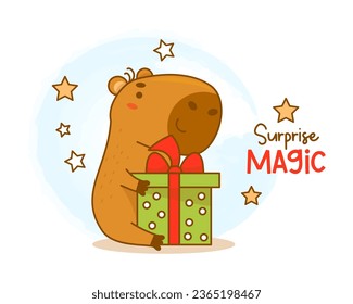 Cute happy capybara in with gift. Vector illustration. Funny festive animal character rodent for cards, design, print, kids collection