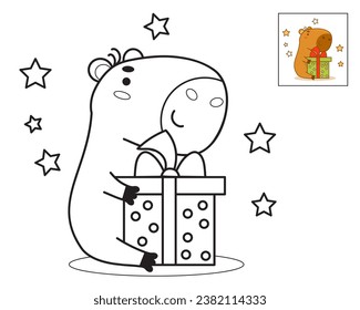 Cute happy capybara in with gift. Vector illustration. Funny festive animal character rodent. linear hand drawing, coloring book. kids collection