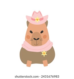 Cute happy capybara girl with sheriff badge and cowboy hat. Vector illustration. 