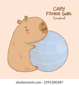 Cute happy Capybara sportsman engaged in stretching with fitness ball. Cartoon kawaii animal Athlete with motivational quote. Vector illustration