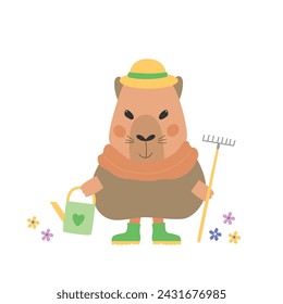 Jardinero feliz lindo de la primavera del capibara. Ilustración vectorial.