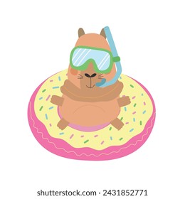 Cute happy capybara in a swimming circle. Summer capybara. Vector illustration.